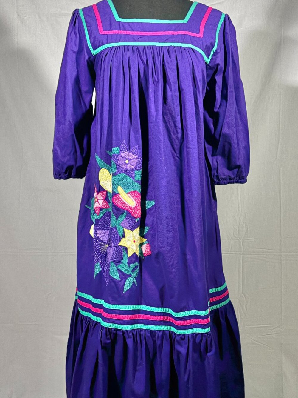 Vintage 80s Sea Wind Embroidered Dress Purple Cotton Boho Folk Midi Small